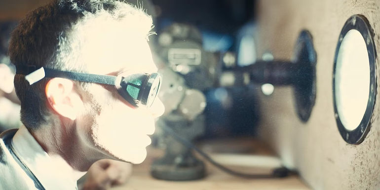 Oppenheimer (Cillian Murphy) watches a test of the atomic bomb in the movie Oppenheimer.