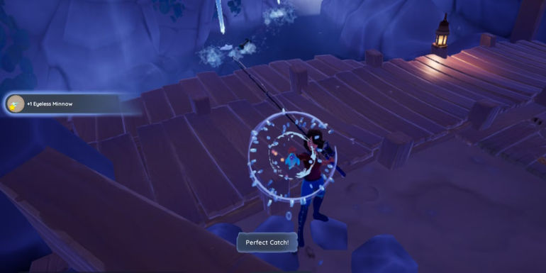 A character holding up their Eyeless Minnow that they've just caught in the Pavel Mines