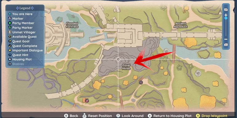 A map of Bahari Bay and the pinpointed location of where to find the entrance to the Pavel Mines