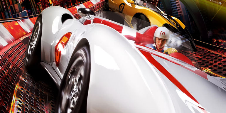 The poster for Speed Racer (2008) featuring Emile in a white and red car