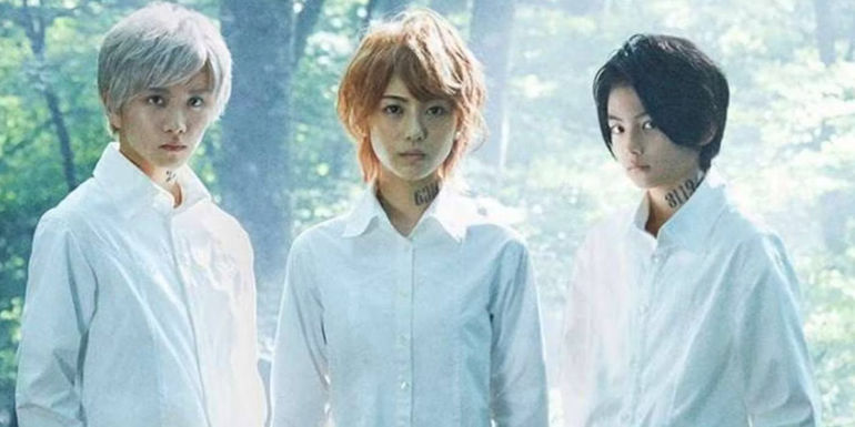 Norman, Emma, and Ray wearing white shirts in the live-action Promised Neverland