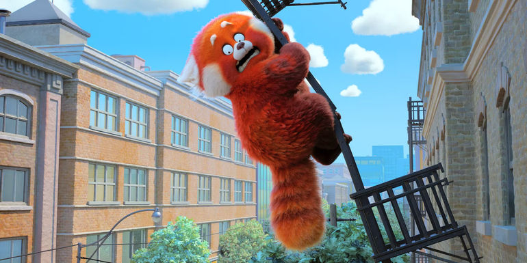 The red panda in Turning Red hanging from a fire escape