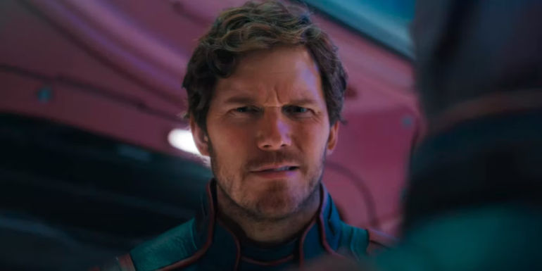Chris Pratt as Peter Quill/Star-Lord looks confused in Guardians of the Galaxy Vol. 3.