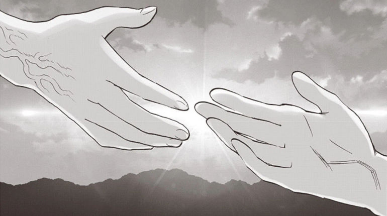 God trying to shake hands with Flashy Flash (Image via Shueisha)