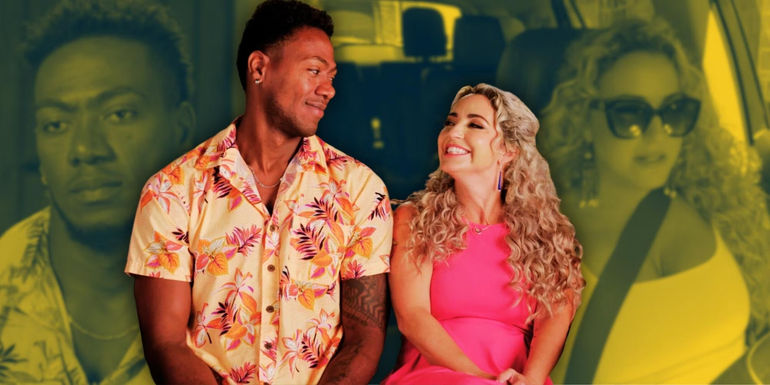 Daniele and Yohan from 90 Day Fiance The Other Way smiling at each other with images of them looking annoyed in the background