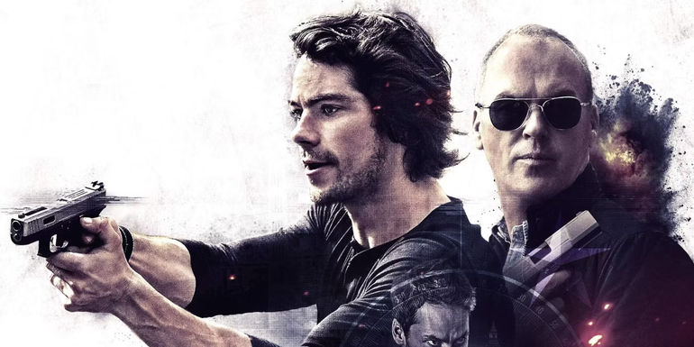 Dylan O'Brien as Mitch Rapp and Michael Keaton as Hurley holding pistols on American Assassin's post