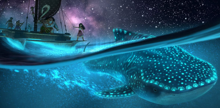 First look image from Moana 2 revealing Maui and Moana on a boat looking down at a luminescent whale underwater