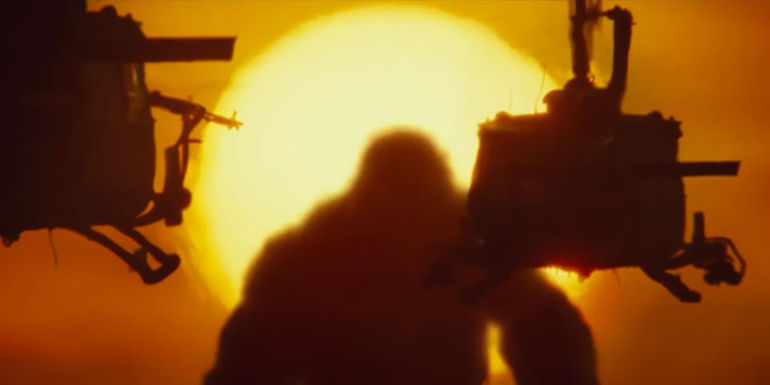 Helicopters fly towards Kong in Kong Skull Island