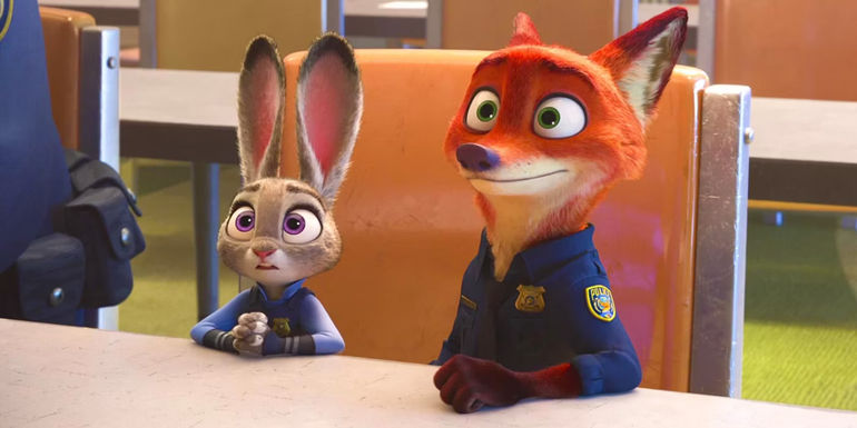 Judy and Nick Sitting in a Single Chair and Looking Hopeful in Zootopia