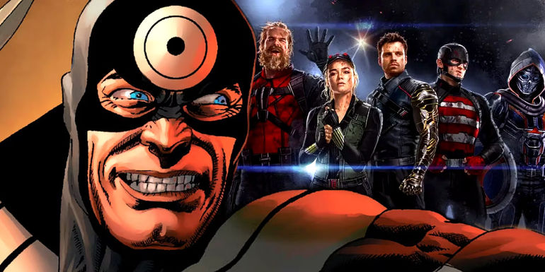 A split image of Marvel's Bullseye from the comics and the MCU's Thunderbolts Team