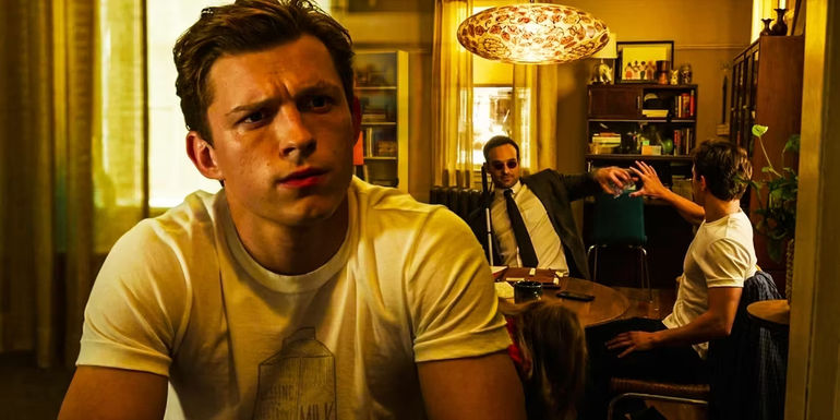 A split image of Peter Parker and Matt Murdock in civilian clothes in Spider-Man No Way Home