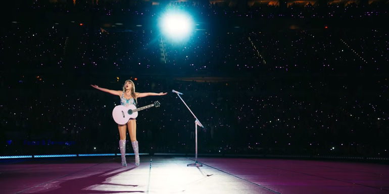 Taylor Swift in the Lover set of The Eras Tour Concert Film.