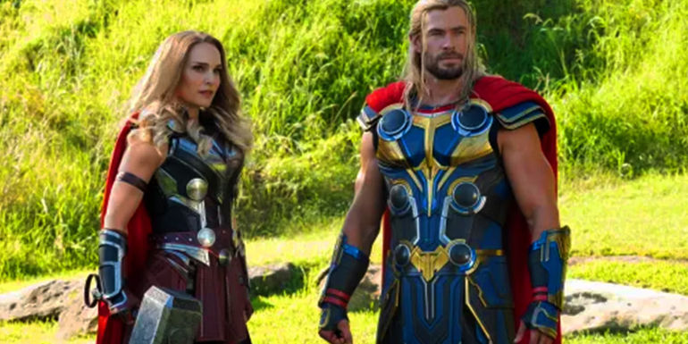Jane Foster's Mighty Thor and Thor standing together in Thor Love and Thunder