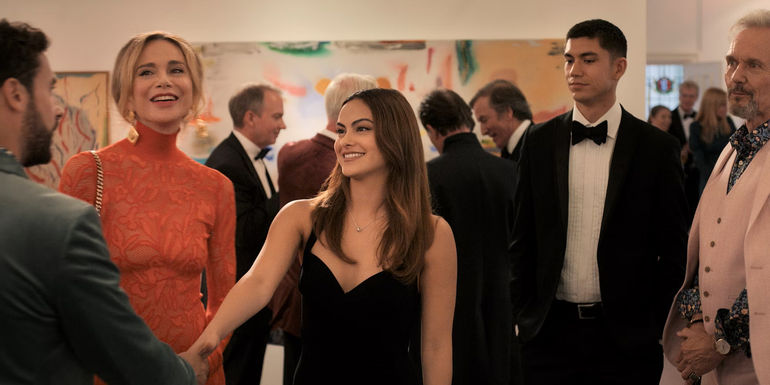Catherine (Lena Olin), Ana (Camila Mendes), William (Archie Renaux), Julian (Anthony Head) at a party in Prime Video's Upgraded