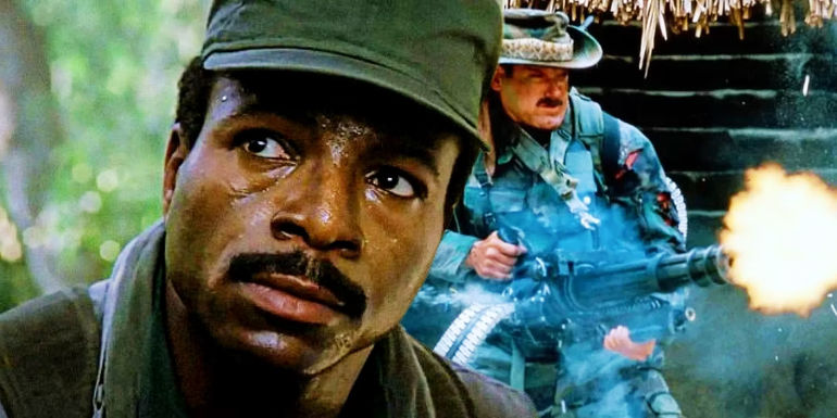 Custom image of Carl Weathers as Dillon juxtaposed with Jesse Ventura shooting a gun as Blain in Predator.
