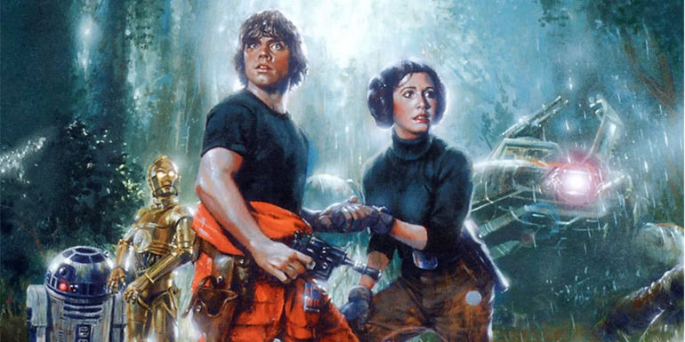 Luke Skywalker, Princess Leia, C-3PO, and R2-D2 on Mimban in Star Wars Splinter of the Mind's Eye.