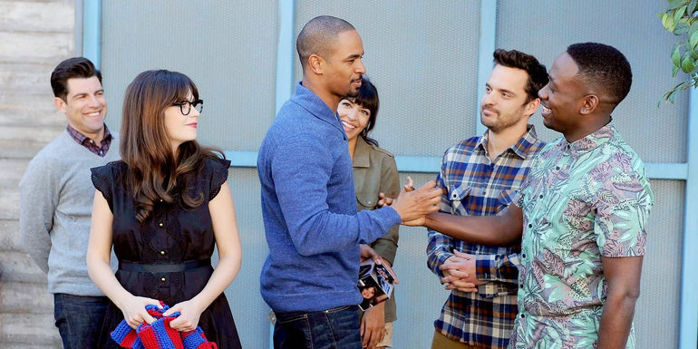 The roommates all saying goodbye to Coach in the New Girl episode Clean Break