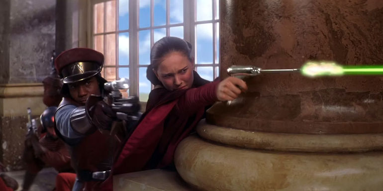Padmé and Panaka fend off Separatist forces in the Battle of Theed Palace during the Invasion of Naboo in The Phantom Menace