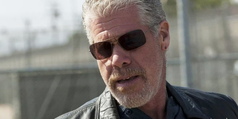 Closeup of Ron Perlman as Clay Morrow with his sunglasses on in Sons of Anarchy