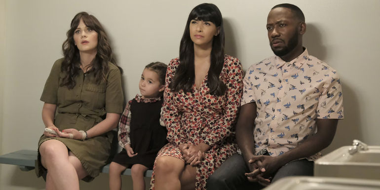 Zooey Deschanel, Hannah Simone and Lamorne Morris in New Girl Season 7