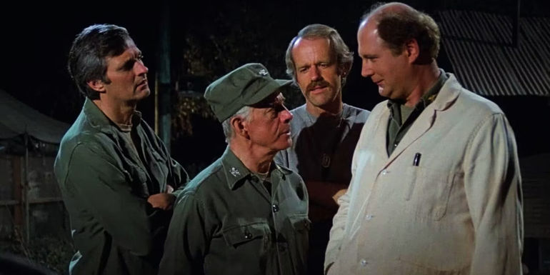 Alan Alda's Hawkeye, Harry Morgan's Potter, Mike Farrell's BJ, and David Ogden Stiers' Winchester in MASH season 9Alan Alda's Hawkeye, Harry Morgan's Potter, Mike Farrell's BJ, and David Ogden Stiers' Winchester in MASH season 9