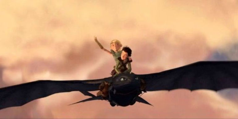 Astrid and Hiccup riding Toothless through the clouds in How to Train Your Dragon