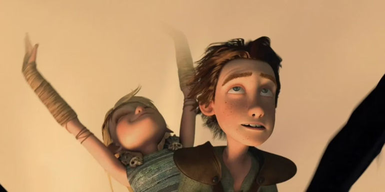 Astrid leaning back and running her hands through the clouds in How to Train Your Dragon