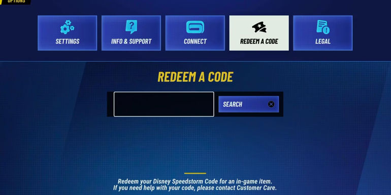 Disney Speedstorm: the Redeem Code tab