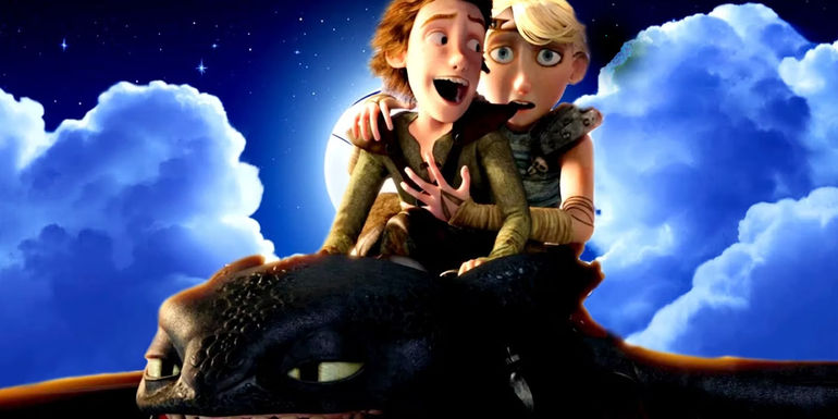 Hiccup and Astrid riding Toothless in How To Train Your Dragon.