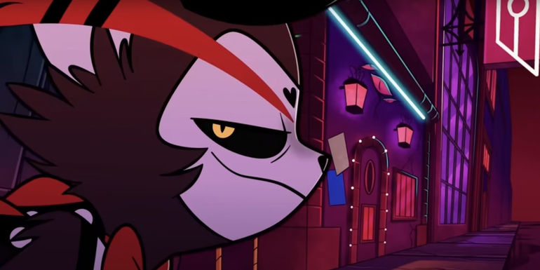 Husk smirking at Angel Dust in Hazbin Hotel