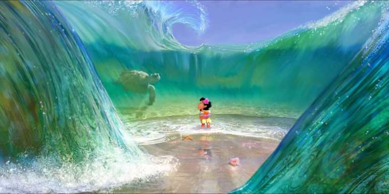 The ocean safely surrounds baby Moana in Moana