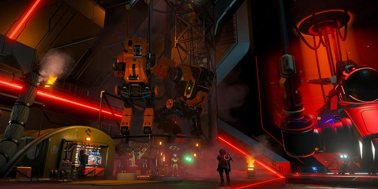 Image from No Man's Sky showing the inside of a space station that's glowing red.