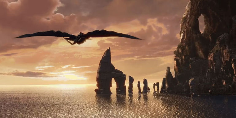 Toothless flying over water in How to Train Your Dragon
