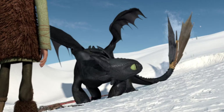 Toothless looking at his new tail in How to Train Your Dragon