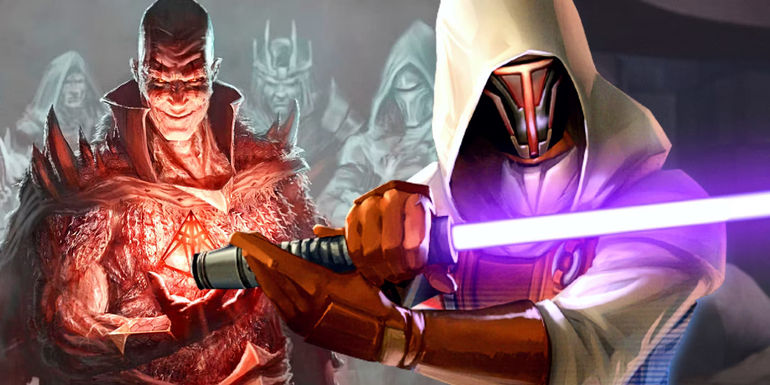 Darth Bane with a Holocron in front on a line of Sith Lords and Jedi Knight Revan.