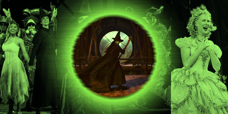 Cynthia Erivo as Elphaba in front of the cast of the stage show