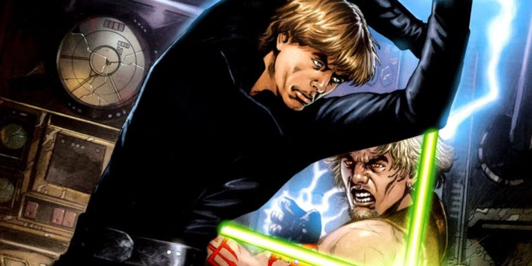 Cade Skywalker in a lightsaber duel against Luke Skywalker. 