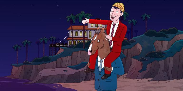 Todd sits on BoJack's shoulders in BoJack Horseman.