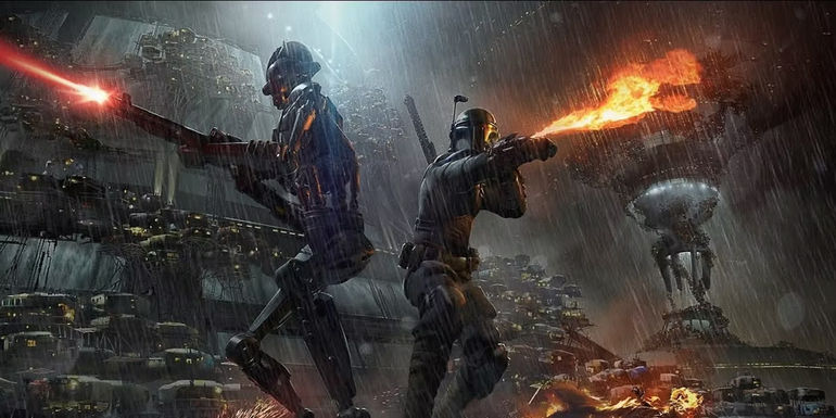Boba Fett and droid firing off weapons with a rainy industrial ship background