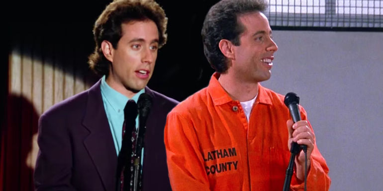 Jerry Seinfeld doing standup on a stage and in prison in Seinfeld