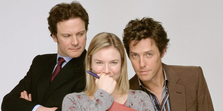 A promotional image featuring Colin Firth, Rene Zellwegger, and Hugh Grant for the Bridget Jones' Diary movies