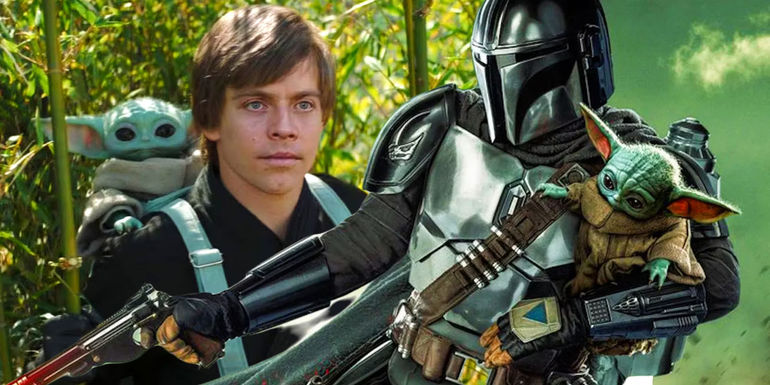 Din Djarin holding Grogu in the poster for The Mandalorian season 3 next to Grogu on Luke Skywalker's back in The Book of Boba Fett