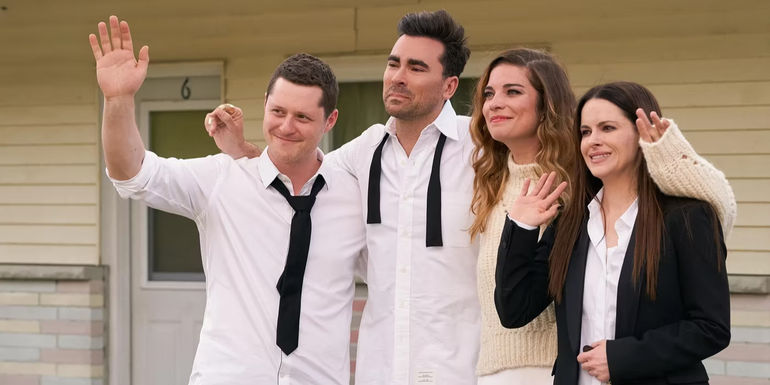Patrick, David, Alexis and Stevie wave an emotional goodbye in Schitt's Creek.