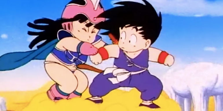 Dragon Ball's Goku and Chi-Chi riding on the Nimbus Cloud.