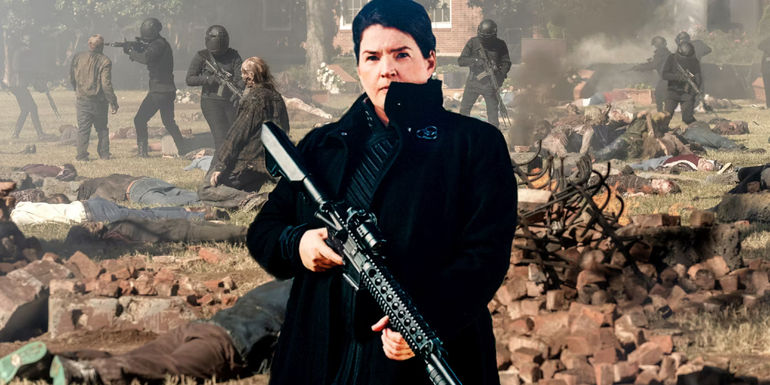 Elizabeth Kublek in front of a destroyed, zombie infested community in The Walking Dead: World Beyond