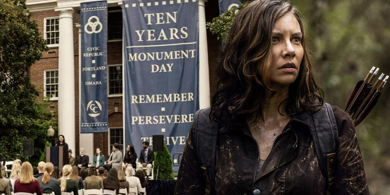 Maggie (Lauren Cohan) next to the Civic republic in The Walking Dead and World Beyond