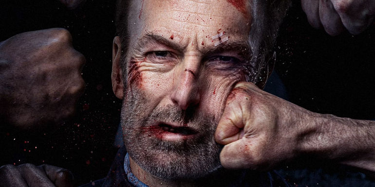Poster for Nobody depicting Hutch (Bob Odenkirk) getting punched from all directions.