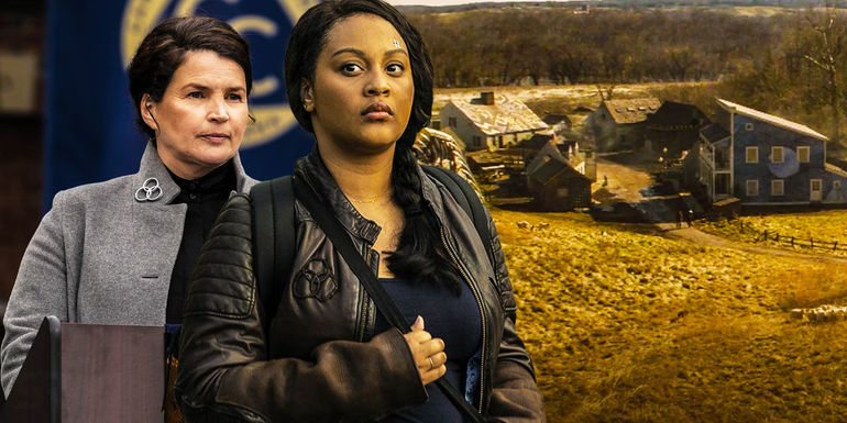 The walking dead iris and kublek next to small community - World Beyond