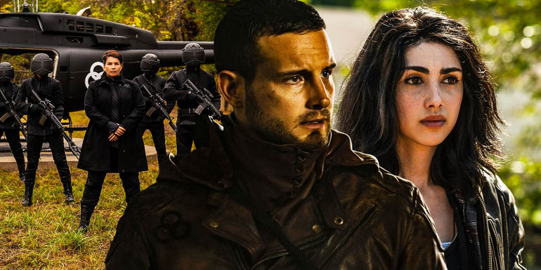 Elizabeth Kublek standing with CRM soldiers in front of a helicopter next to Hope and Felix in The Walking Dead: World Beyond