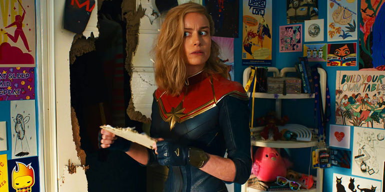 Captain Marvel in Ms. Marvel's bedroom in The Marvels